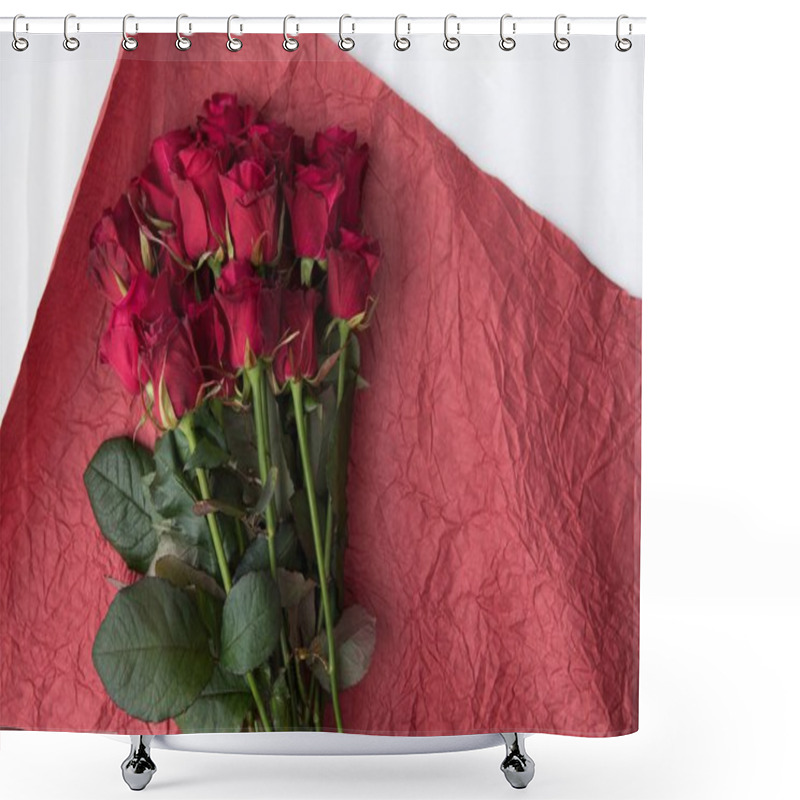 Personality  Top View Of Bouquet Of Roses On Red Wrapping Paper Isolated On White Shower Curtains