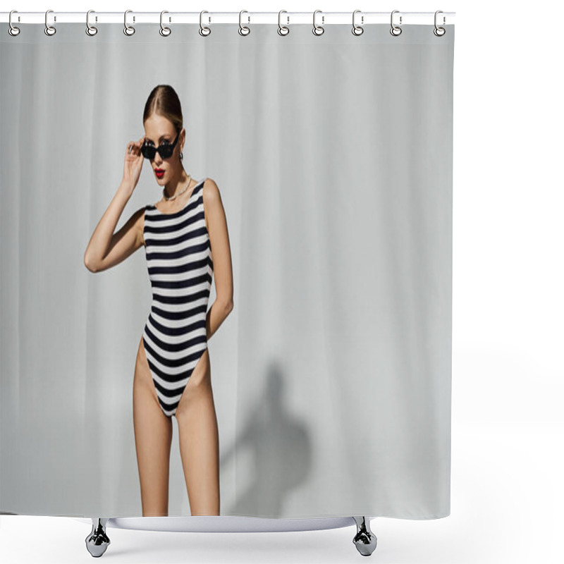 Personality  A Fashionable Blonde Woman In A Black And White Striped One-piece Swimsuit. Shower Curtains