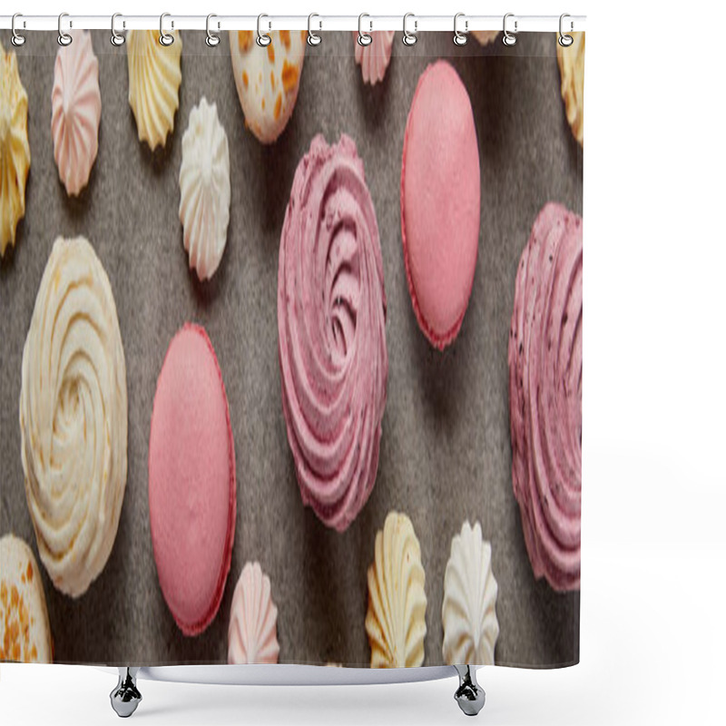 Personality  Tasty Assorted Small Meringues, Fresh Soft Zephyr And Sweet Pink Macaroons On Gray Background Shower Curtains