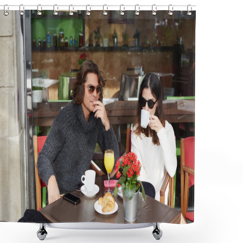 Personality  Young Caucasian Couple Enjoying Breakfast Shower Curtains