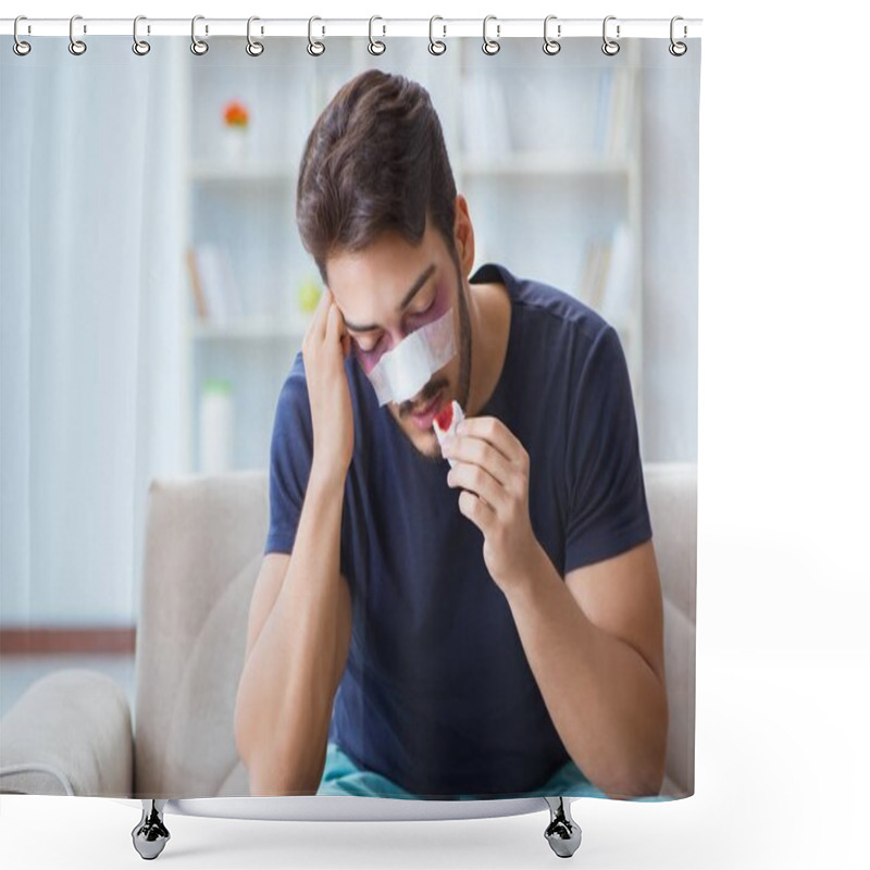 Personality  Young Man Recovering Healing At Home After Plastic Surgery Nose Shower Curtains