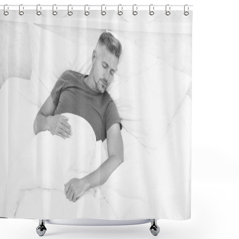 Personality  Good Sleep Is Reachable Dream. World Sleep Day. Benefits Of Good And Healthy Sleep. Breathe Easily, Sleep Well. Handsome Man In Bed. Sleeping Guy At Home. Need More Rest. Peaceful Mature Man Relaxing Shower Curtains