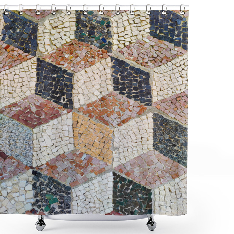 Personality  A Vibrant Mosaic Floor Showing An Intricate 3D Cube-like Pattern, Crafted From Small, Multi-colored Stones. This Visually Engaging Design Combines Earthy And Neutral Colors, Arranged To Create The Illusion Of Depth And Dimensionality. Shower Curtains