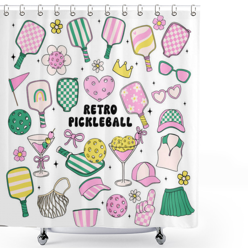 Personality  Retro Groovy Pickleball Vector Trendy Collection Doodle Drawing Pink And Green Element Set. Shower Curtains