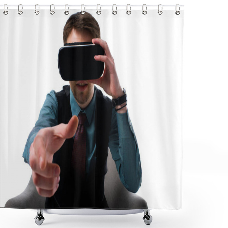 Personality  Portrait Of Agent In Virtual Reality Headset Sitting In Armchair Isolated On White Shower Curtains