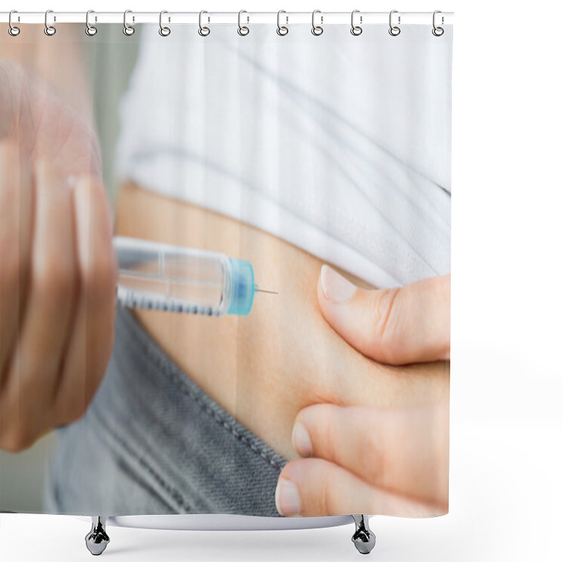 Personality  Close Up Of Hands Making Injection By Insulin Pen Shower Curtains