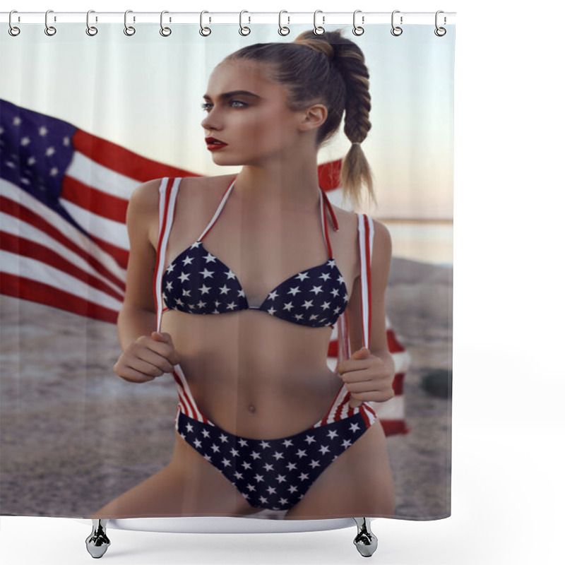 Personality  Sensual Girl With Blond Hair Wears American Style Swimsuit Shower Curtains