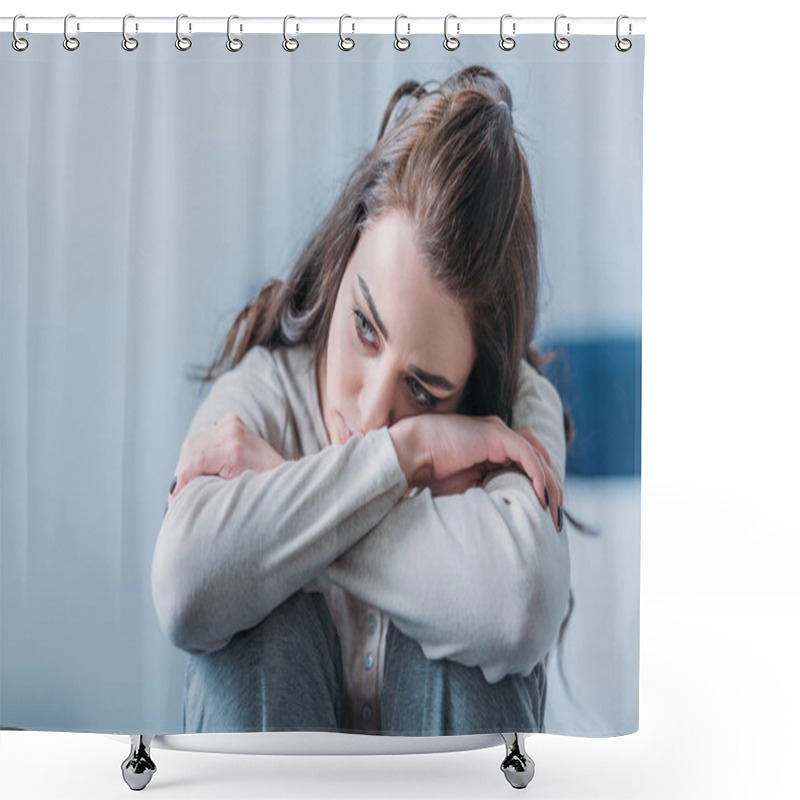 Personality  Selective Focus Of Beautiful Sad Woman Hugging Knees And Looking Away Shower Curtains