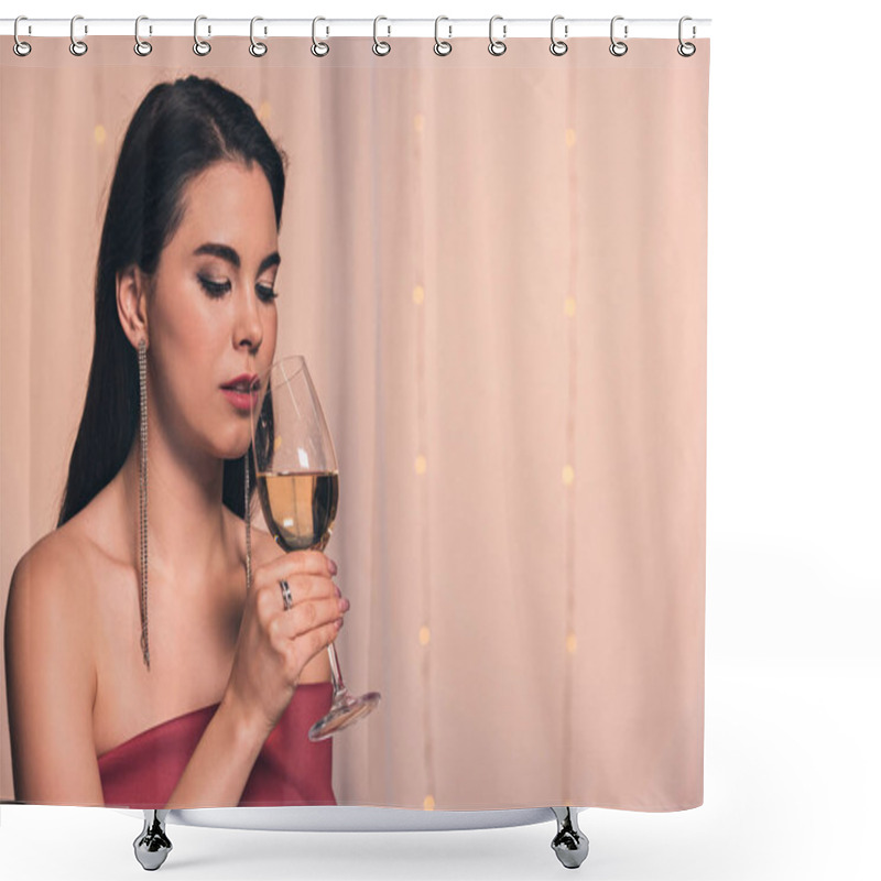 Personality  Beautiful, Dreamy Girl Holding Glass Of White Wine In Restaurant Shower Curtains