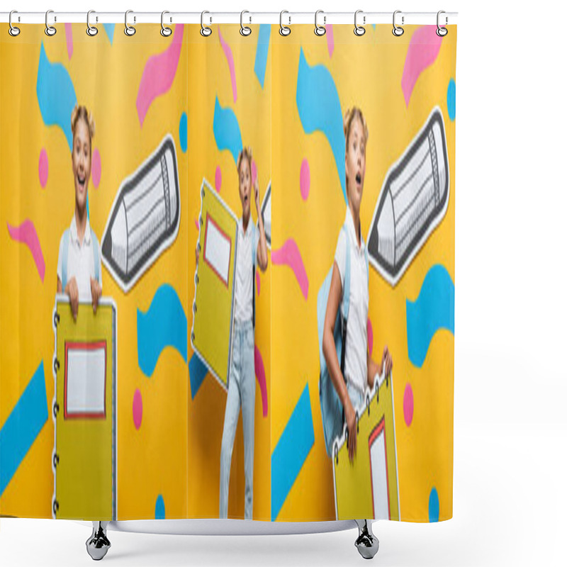 Personality  Collage Of Emotional Schoolkid With Notebook Maquette Showing Idea Gesture And Looking At Camera Near Paper Art On Yellow, Horizontal Image Shower Curtains