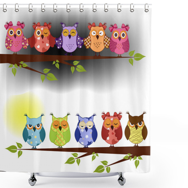 Personality  Family Of Owls Sat On A Tree Branch At Night And Day Shower Curtains