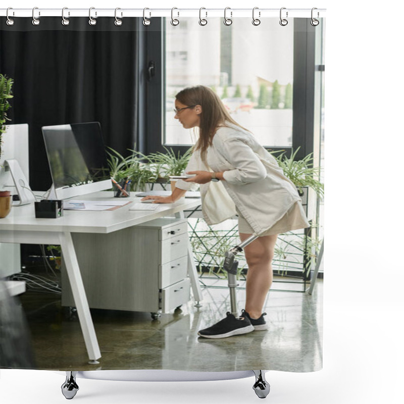 Personality  A Woman With A Prosthetic Leg Works Diligently At Her Desk, Focused On Her Computer. Shower Curtains