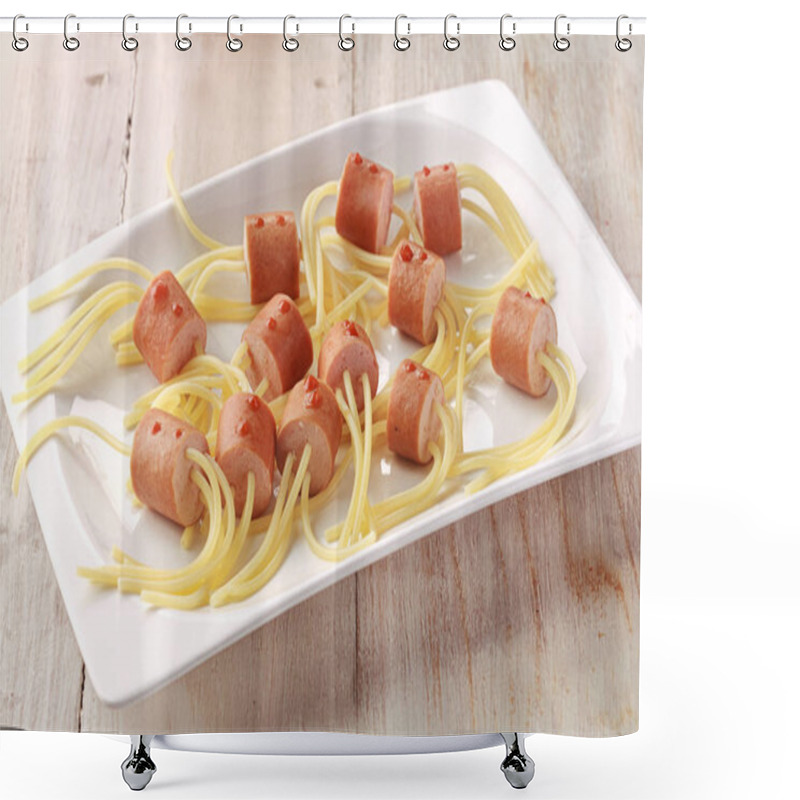 Personality  Hot Dog Wiener And Noodle Halloween Spider Snacks On White Plate Shower Curtains