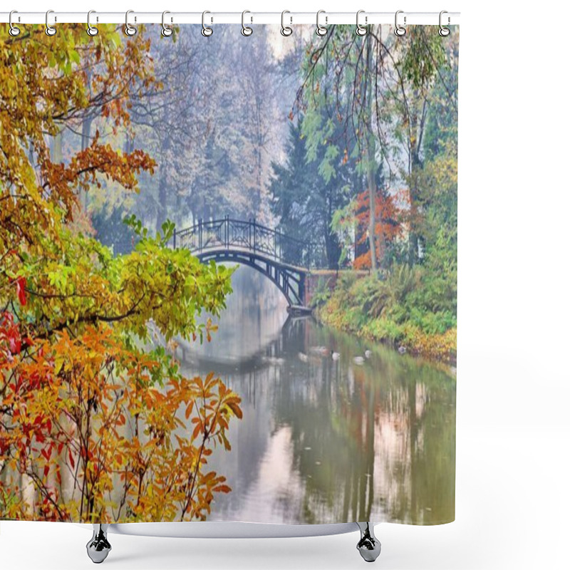 Personality  Autumn - Old Bridge In Autumn Misty Park Shower Curtains