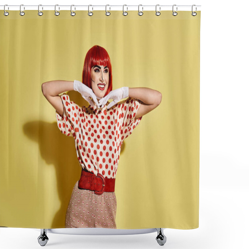 Personality  Vibrant Redhead Woman With Creative Pop Art Makeup In A Polka Dot Shirt On A Bright Yellow Background, Exuding Comic Book Character Vibes. Shower Curtains