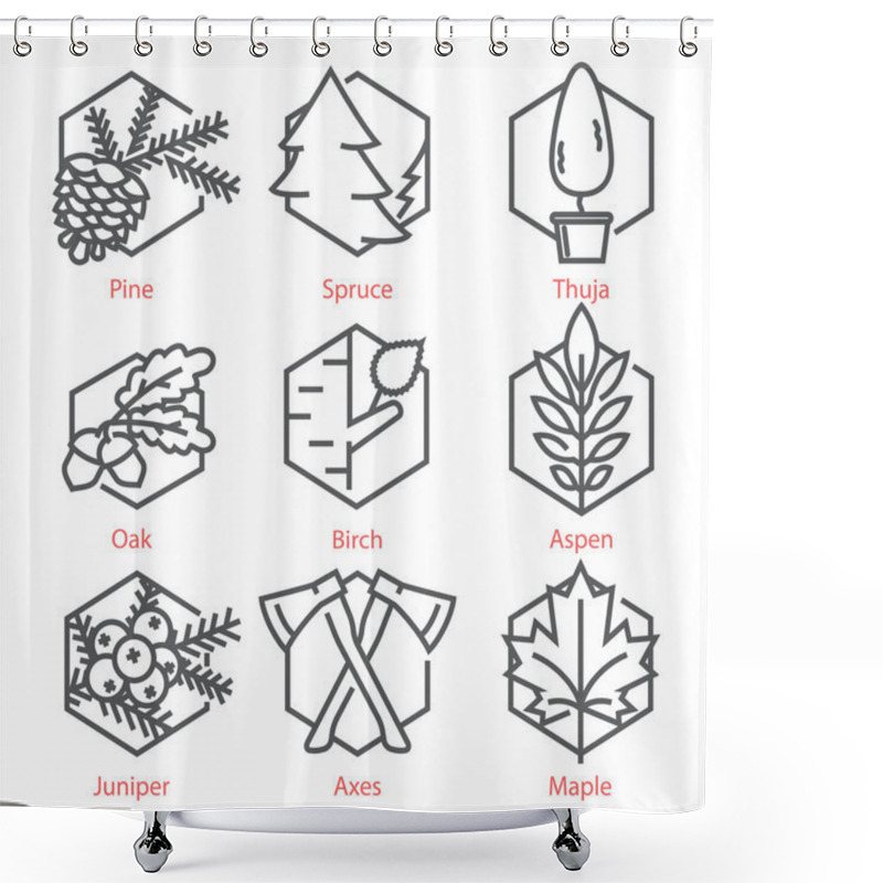 Personality   Vector Thin Line Icons Set With Trees For Nature And Ecology In Shower Curtains