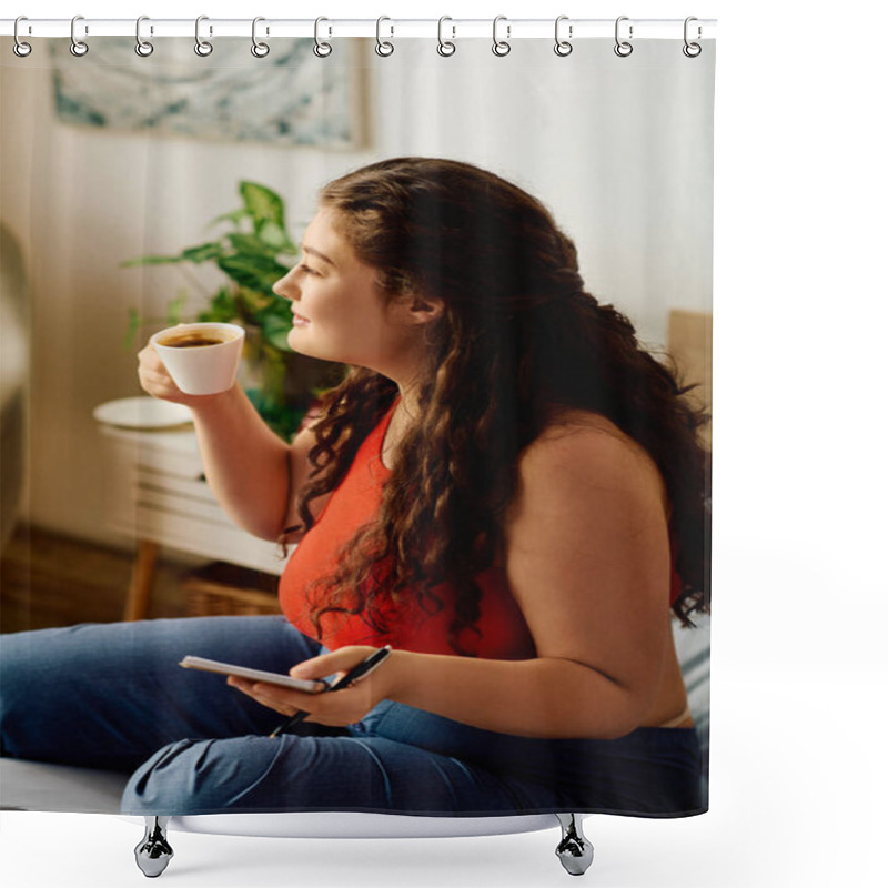 Personality  A Young Plus-size Woman With Curly Hair Savors Her Coffee While Jotting Down Thoughts In A Serene Home Environment. Shower Curtains