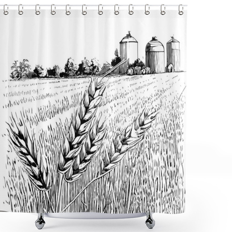 Personality  Farm Wheat Field Landscape Hand Drawn Sketch Vector Illustration. Shower Curtains