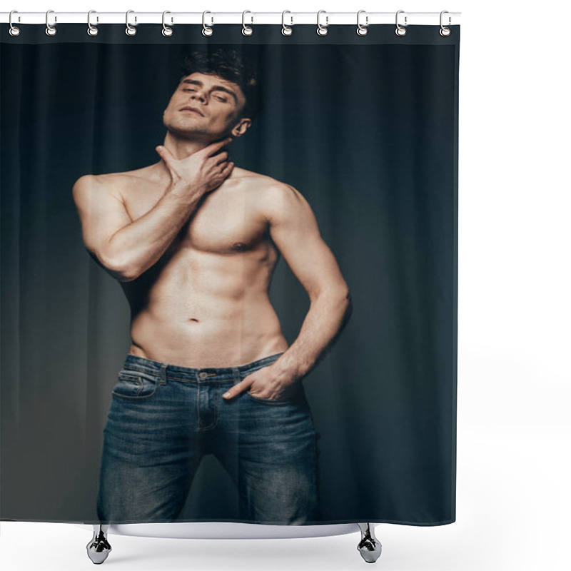 Personality  Sensual Shirtless Man In Jeans Posing Isolated On Dark Grey Shower Curtains