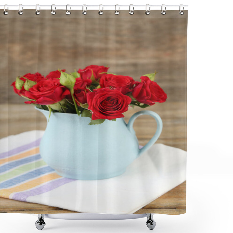 Personality  Bouquet Of Red Roses In Vase On Wooden Background Shower Curtains