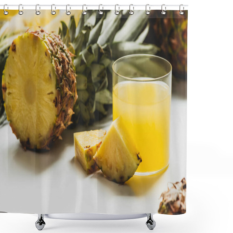 Personality  Fresh Pineapple Juice Near Cut Delicious Fruit On White Background Shower Curtains