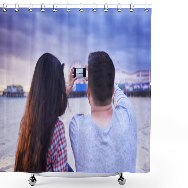 Personality  Couple Taking Photo Of Santa Monica Pier Shower Curtains