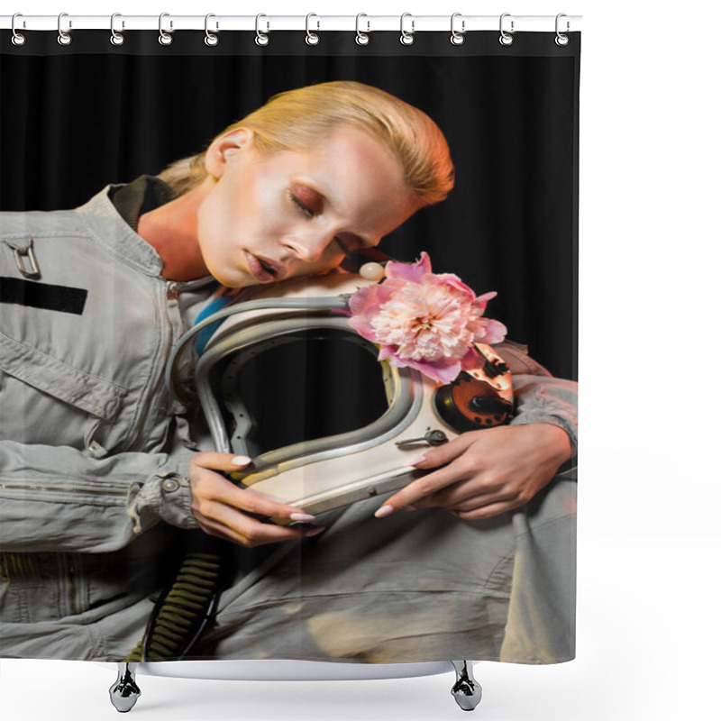 Personality  Sensual Female Astronaut In Spacesuit With Peony Flower And Helmet, Isolated On Black Shower Curtains