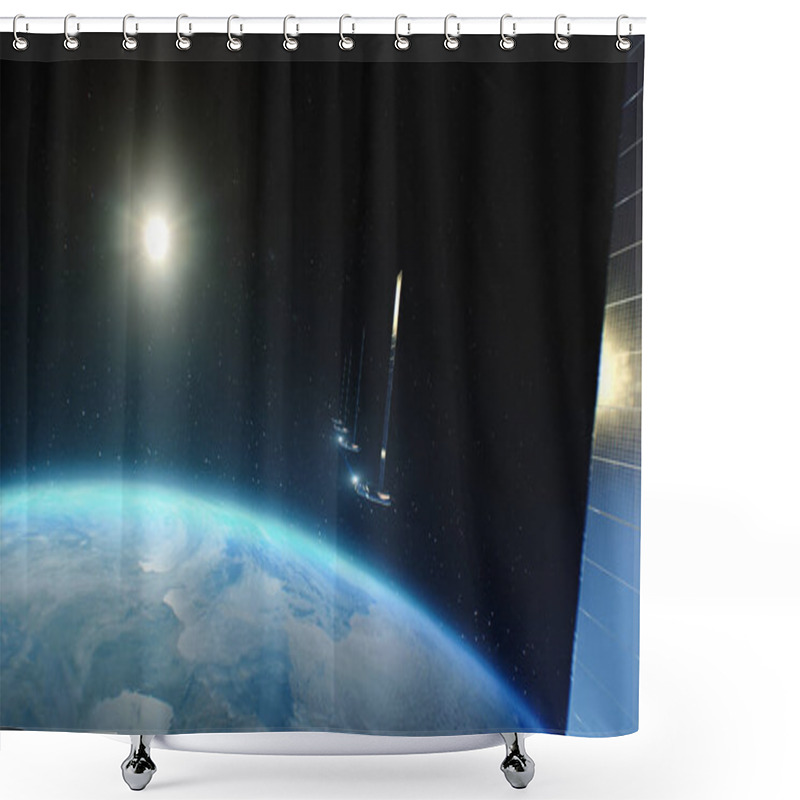 Personality  Illustration 3D Computer Graphics Of Satellites Flying In Orbit Of Planet Earth, Transmitting Worldwide 5G Communications Signal And Global Network Connection. Concept Of Modern Innovative Internet Shower Curtains