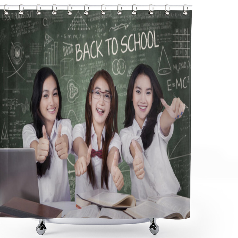 Personality  Three Female Students Showing Thumbs Up Shower Curtains