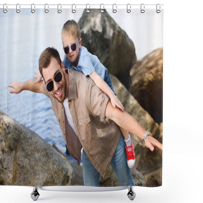 Personality  Happy Father Giving Piggy Back To Son Near Lake At Park Shower Curtains