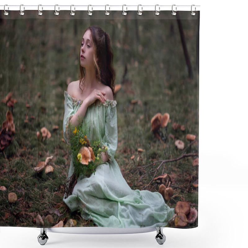 Personality  Fairy Tale About A Fairy In A Magical Forest, A Beautiful Girl In A Green Dress Walks In The Forest With A Bouquet, Mushrooms In A Bouquet Shower Curtains