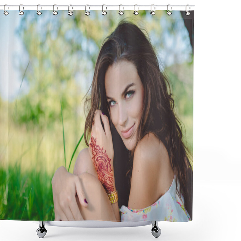 Personality  Joyful Glamour Young Pretty Lady Relaxing Sitting On The Grass And Happy Looking At Camera, Portrait Shower Curtains