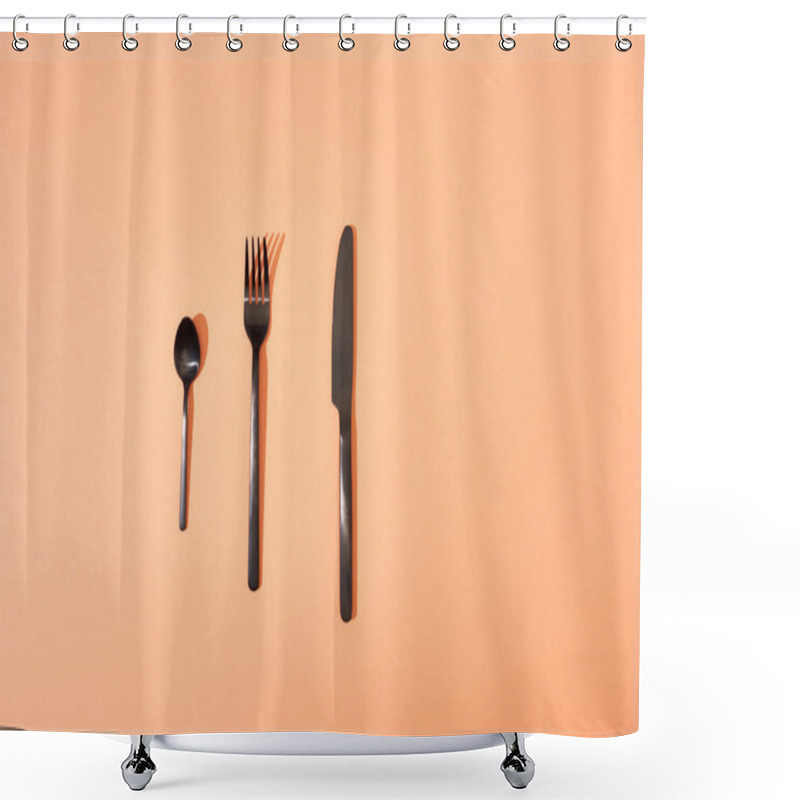 Personality  Top View Of Metal Shiny Black Fork, Spoon And Knife On Orange Background Shower Curtains