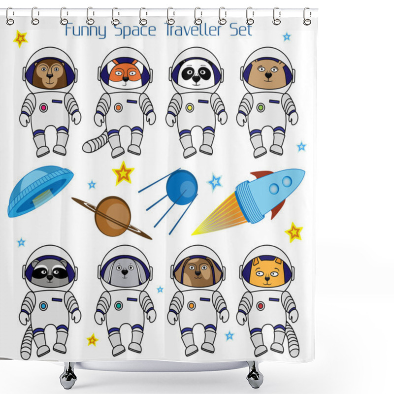 Personality  Set Of Cute Animal Astronauts, Rocket, Satellite, UFO And Stars Shower Curtains