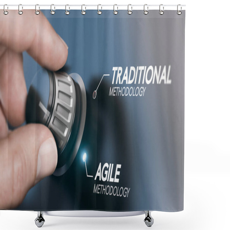 Personality  Man Turning Knob To Changing Project Management Methodology From Traditional To Agile PM. Composite Image Between A Hand Photography And A 3D Background. Shower Curtains