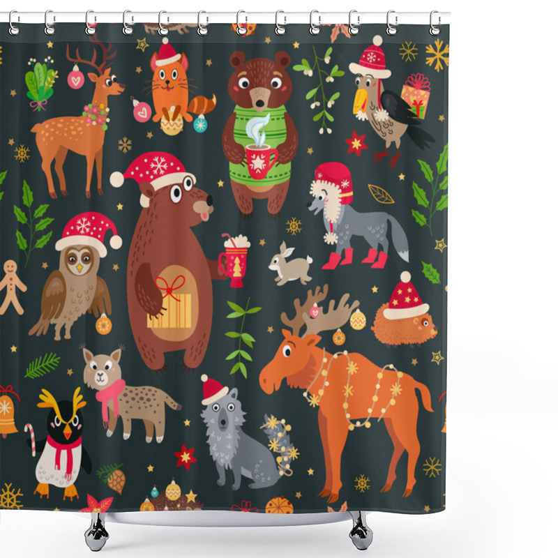 Personality  A Christmas Forest Animals Pattern. Winter Vector Shower Curtains