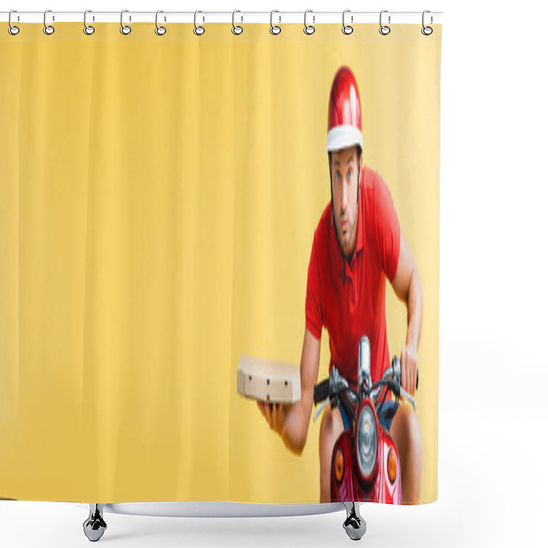 Personality  Concentrated Delivery Man In Helmet Riding Red Scooter And Holding Pizza Box Isolated On Yellow, Banner Shower Curtains