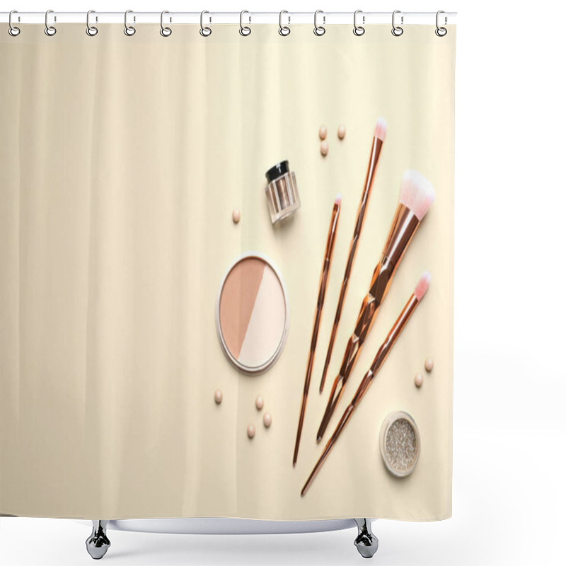 Personality  Flat Lay Composition With Makeup Brushes On Beige Background. Space For Text Shower Curtains