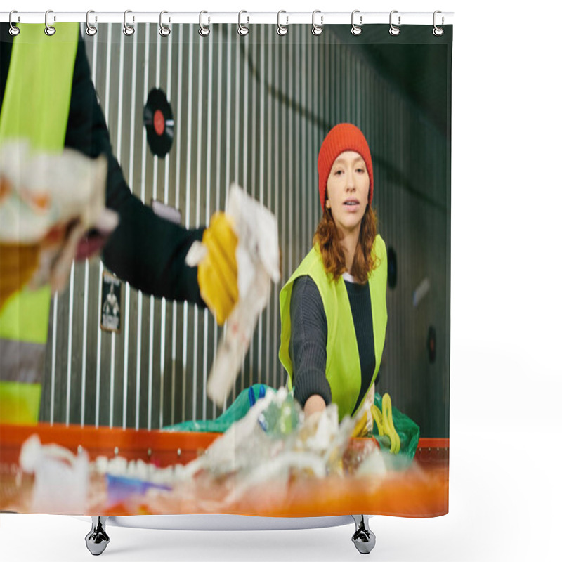 Personality  Young Volunteer In Green Vest And Red Hat Sorts Trash With Eco-conscious Peers. Shower Curtains