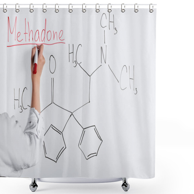 Personality  Cropped View Of Woman Writing Methadone On White Board  Shower Curtains