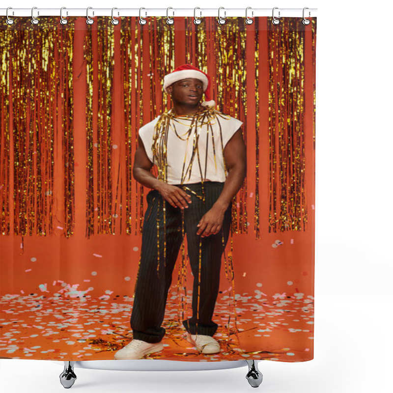 Personality  African American Man In Santa Hat And Casual Attire Looking At Camera Near Christmas Decor On Red Shower Curtains