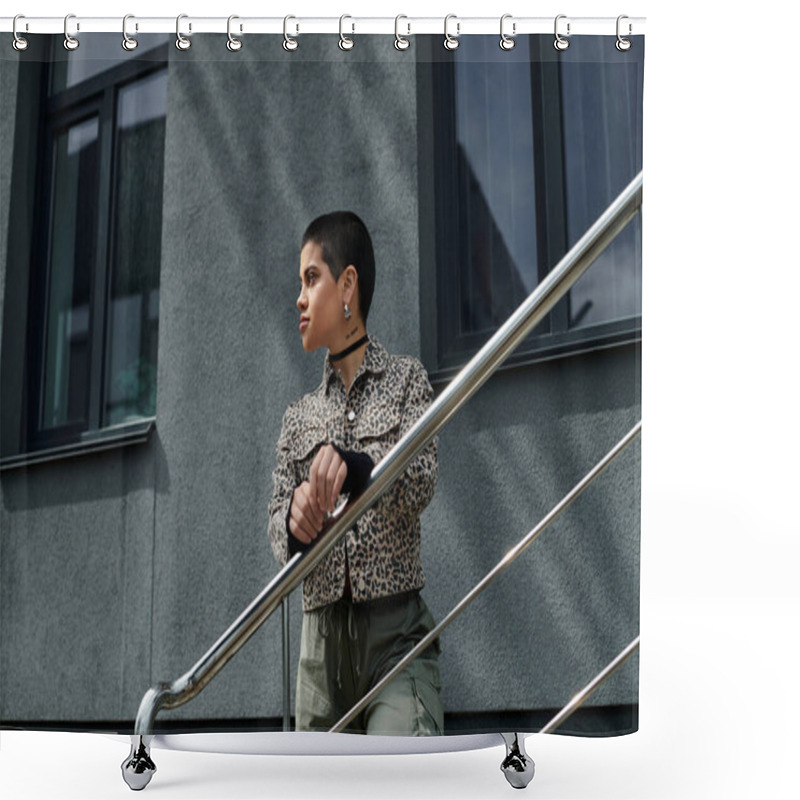 Personality  A Woman In Stylish Attire Walks Down Stairs Next To A Modern Building In An Urban Setting. Shower Curtains