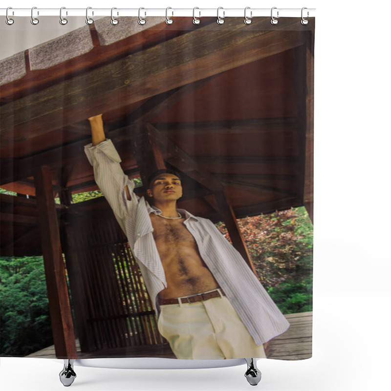 Personality  Fashionable African American Man Posing With Raised Hand In Wooden Gazebo Shower Curtains