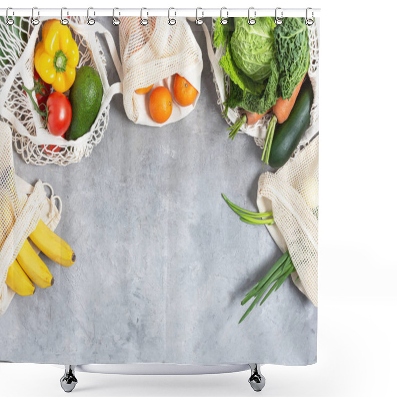 Personality  Fresh Vegetables And Fruits In Tote Eco Friendly Bags On Grey Table Top View. Eco Shopping Concept. Healthy Raw Eating. Shower Curtains