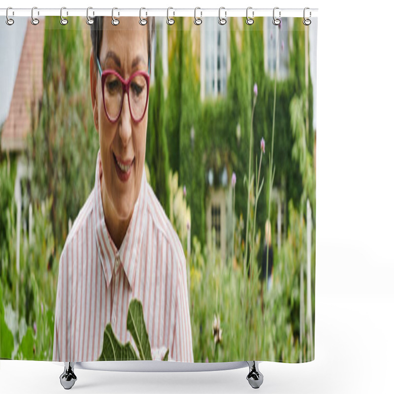 Personality  Beautiful Happy Mature Woman With Glasses Working In Vivid Green Garden And Smiling Joyfully, Banner Shower Curtains