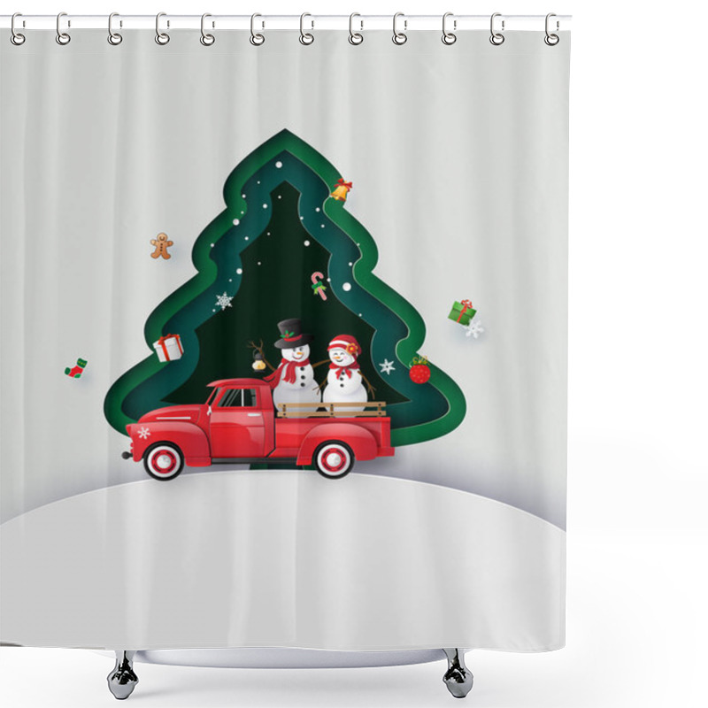 Personality  Paper Art Of Merry Christmas And Winter Season With Red Truck . Shower Curtains