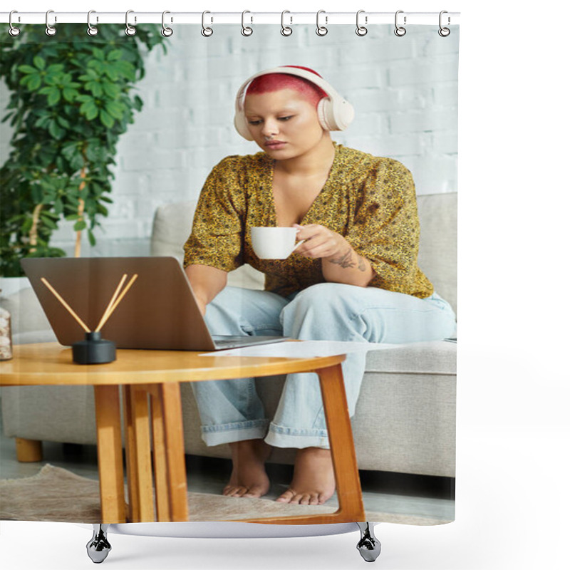 Personality  A Calm Setting Features A Bald Woman With Headphones Sitting On A Couch, Sipping Tea. Shower Curtains