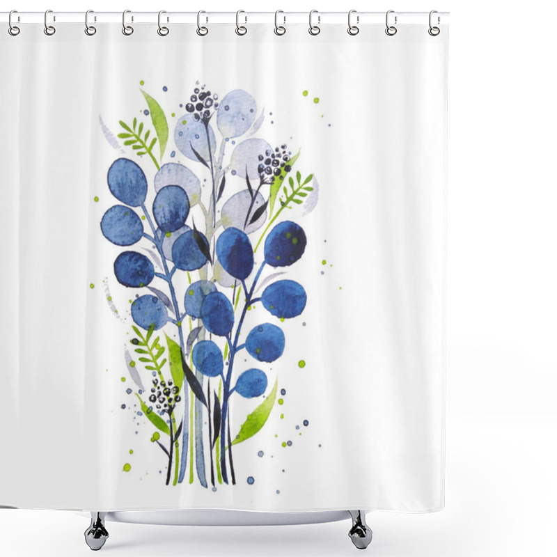 Personality  A Small Bouquet Of Blue Wildflowers And Leaves. Field Bouquet On A White Background. Spring Leaves, Branches And Flowers. Shower Curtains