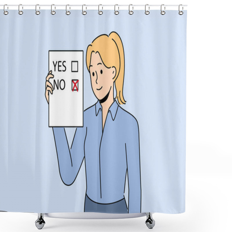 Personality  Woman Voter Demonstrates Ballot For Presidential Elections Or Referendum With Chosen Answer No. Voter Holds Questionnaire Designed To Survey Population On Socially Important Topics. Shower Curtains