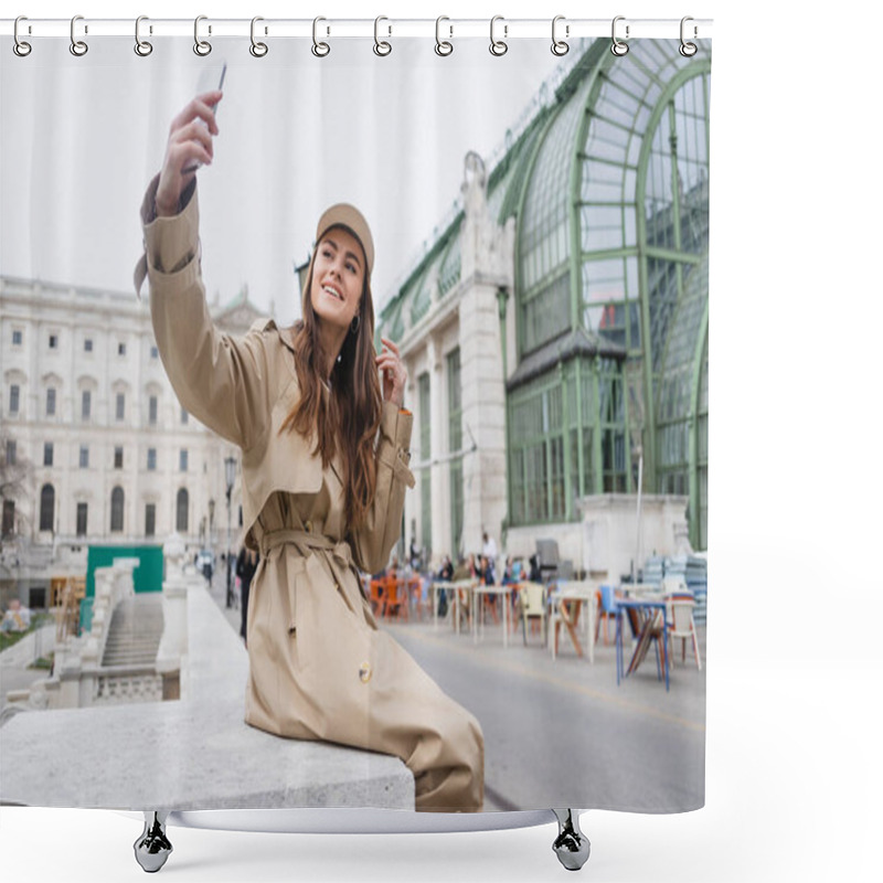 Personality  Happy Young Woman In Stylish Trench Coat And Baseball Cap Taking Selfie  Shower Curtains